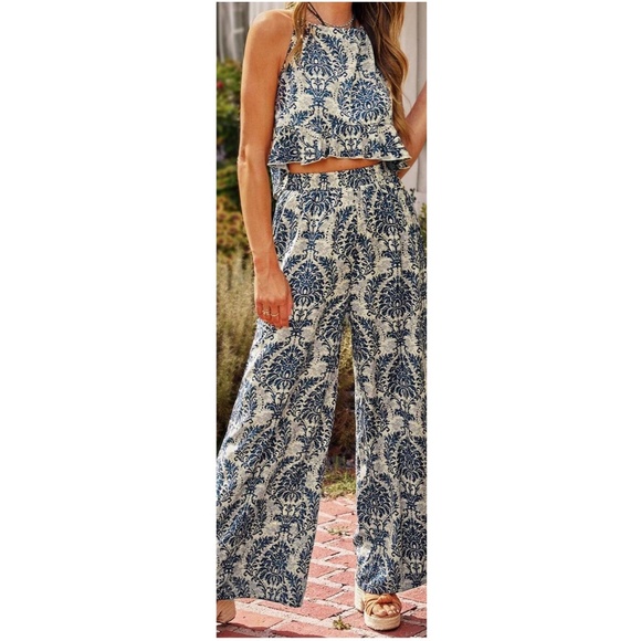 Boho Floral Print Sleeveless Cami Top Wide Leg Pants - Picture 2 of 3